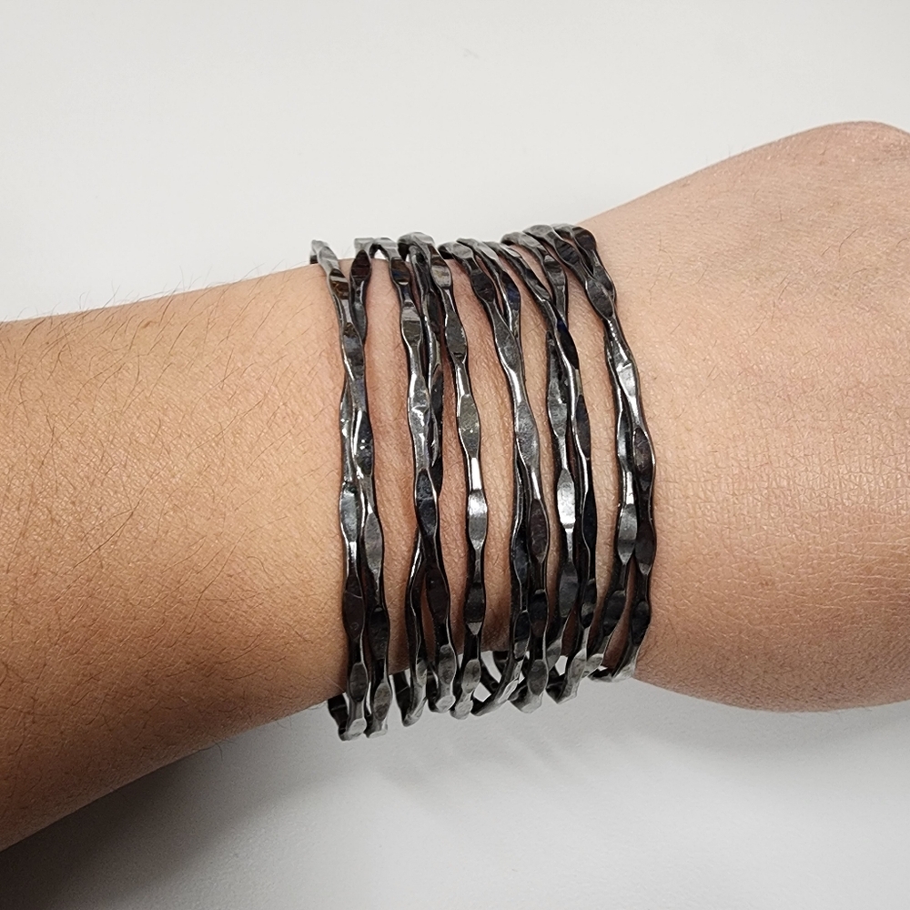 Wide Gunmetal Wavy Cuff Bracelet Textured Hammered Biker Contemporary Modern